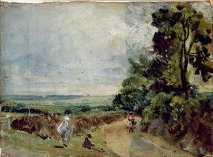 John Constable - A Country road with trees and figures