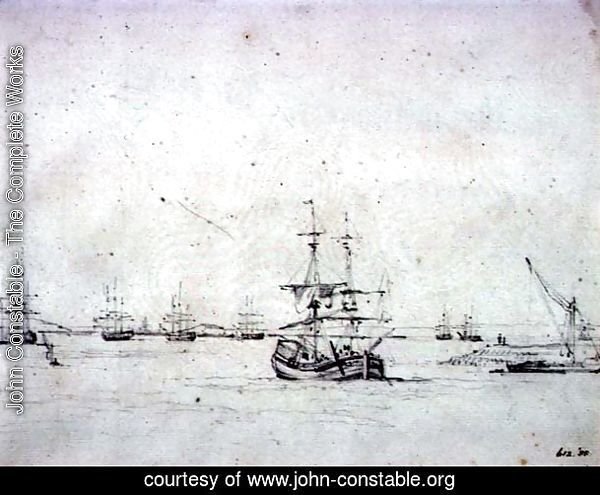 A brig at anchor and other shipping in the Thames