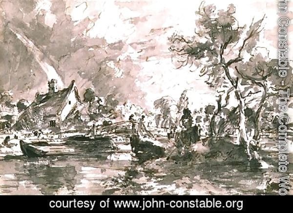 John Constable - Flatford Old Mill Cottage on the Stour, pen and wash