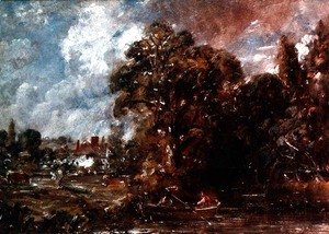 John Constable - A river scene with a farmhouse near the water's edge, c.1830-36