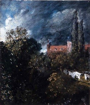 John Constable - View in a garden with a red house beyond