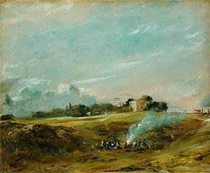 John Constable - A View of Hampstead Heath, with figures round a bonfire