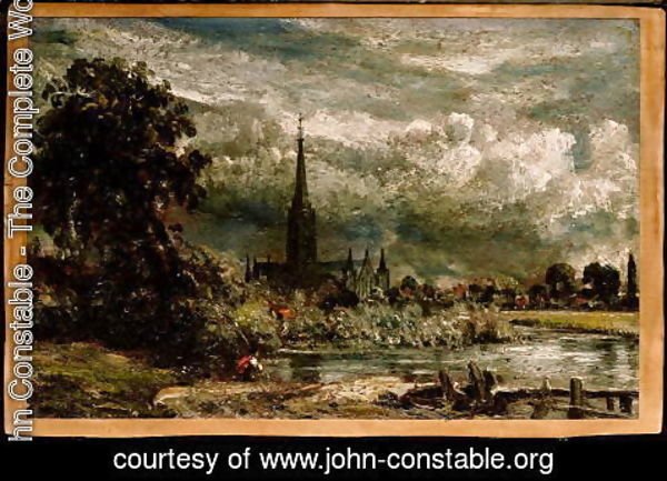 John Constable - Salisbury Cathedral from the long bridge with an angler in the foreground