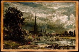 John Constable - Salisbury Cathedral from the long bridge with an angler in the foreground