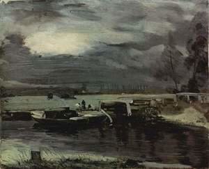 John Constable - Boats on the Stour, in the background of the Deadham church