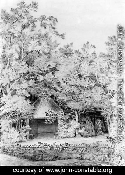 A labourer approaching a thatched pavilion in a garden