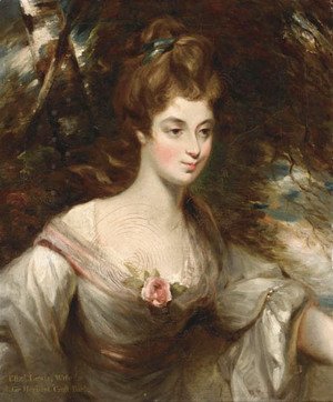 Portrait of Elizabeth, Lady Croft, half-length, in a white dress with a pink sash, in a wooded landscape