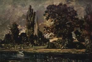 Salisbury Cathedral seen from the river, with the house of Archdeacon Fisher, sketch