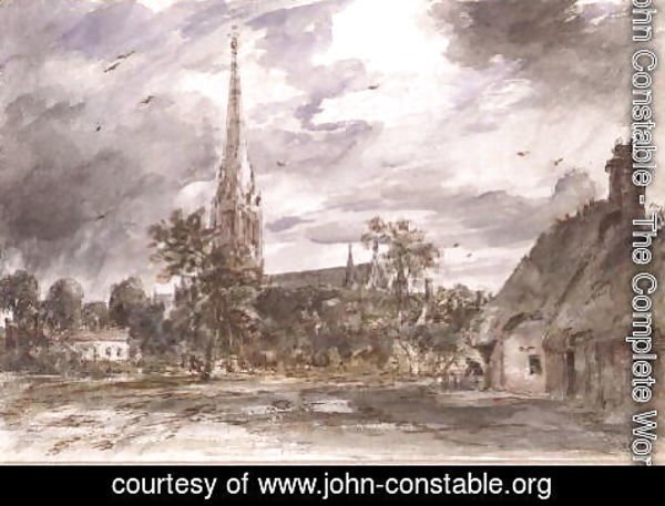 John Constable - Salisbury Cathedral: with cottages