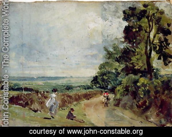 John Constable - A Country road with trees and figures