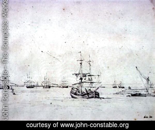 John Constable - A brig at anchor and other shipping in the Thames