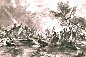 John Constable - Flatford Old Mill Cottage on the Stour, pen and wash