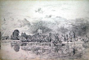 Fulham church from across the River, 1818