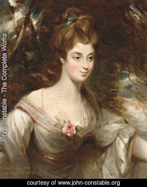 Portrait of Elizabeth, Lady Croft, half-length, in a white dress with a pink sash, in a wooded landscape